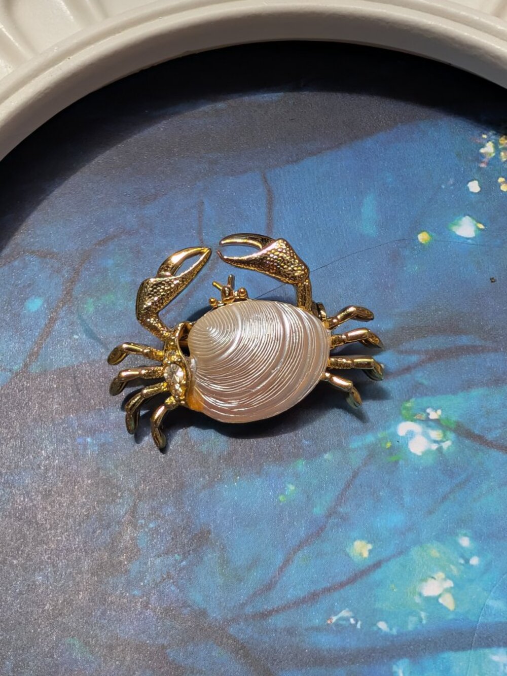 1950's Crab Brooch, Gold tone with Pearly Shell & Rhinestone Detail